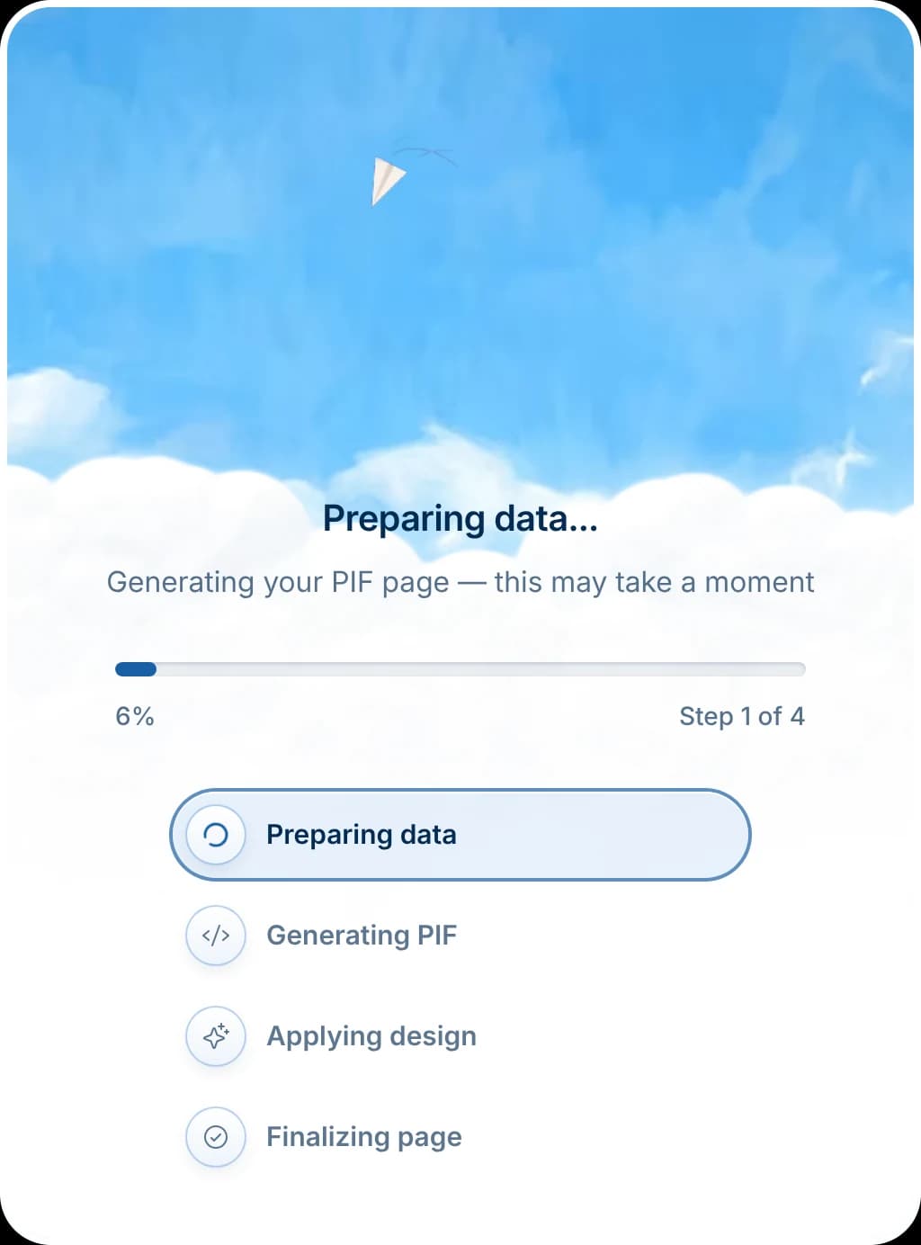 MyPIF generating the PIF page: preparing data, generating, applying design, finalising