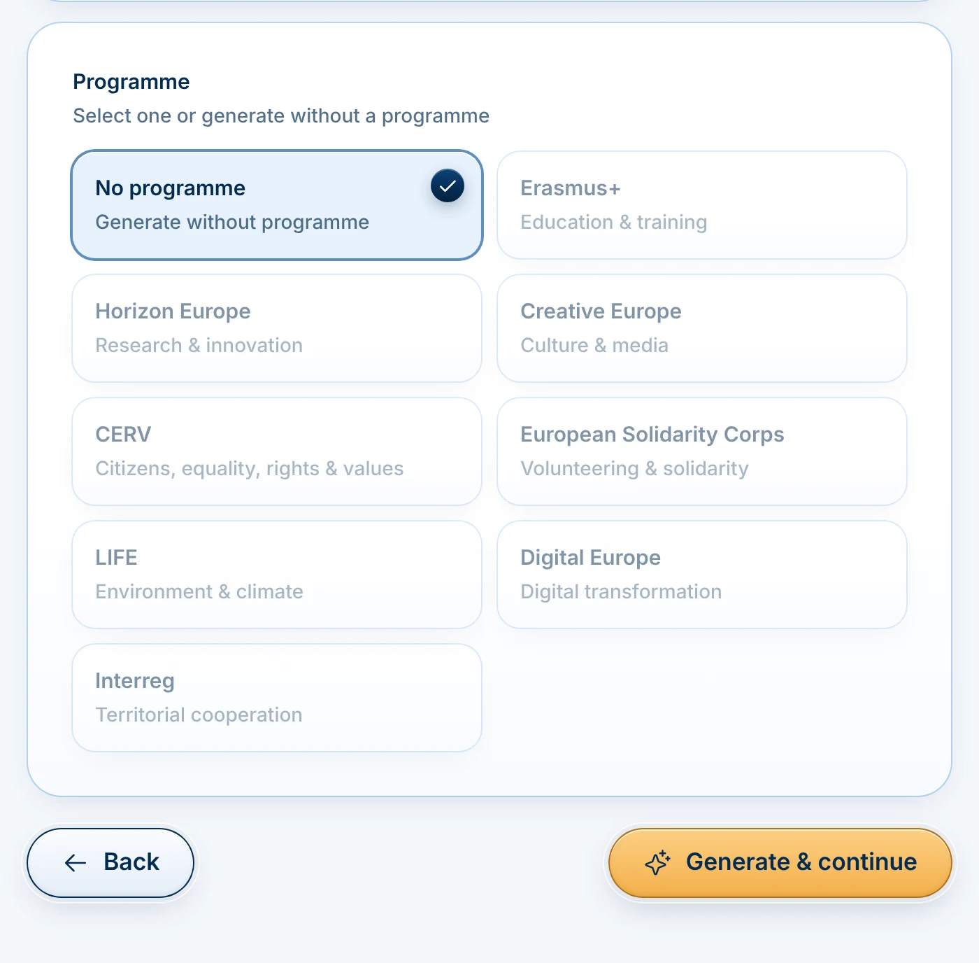 MyPIF programme choice: no programme, Erasmus+, Horizon Europe, Creative Europe, CERV, European Solidarity Corps, LIFE, Digital Europe or Interreg