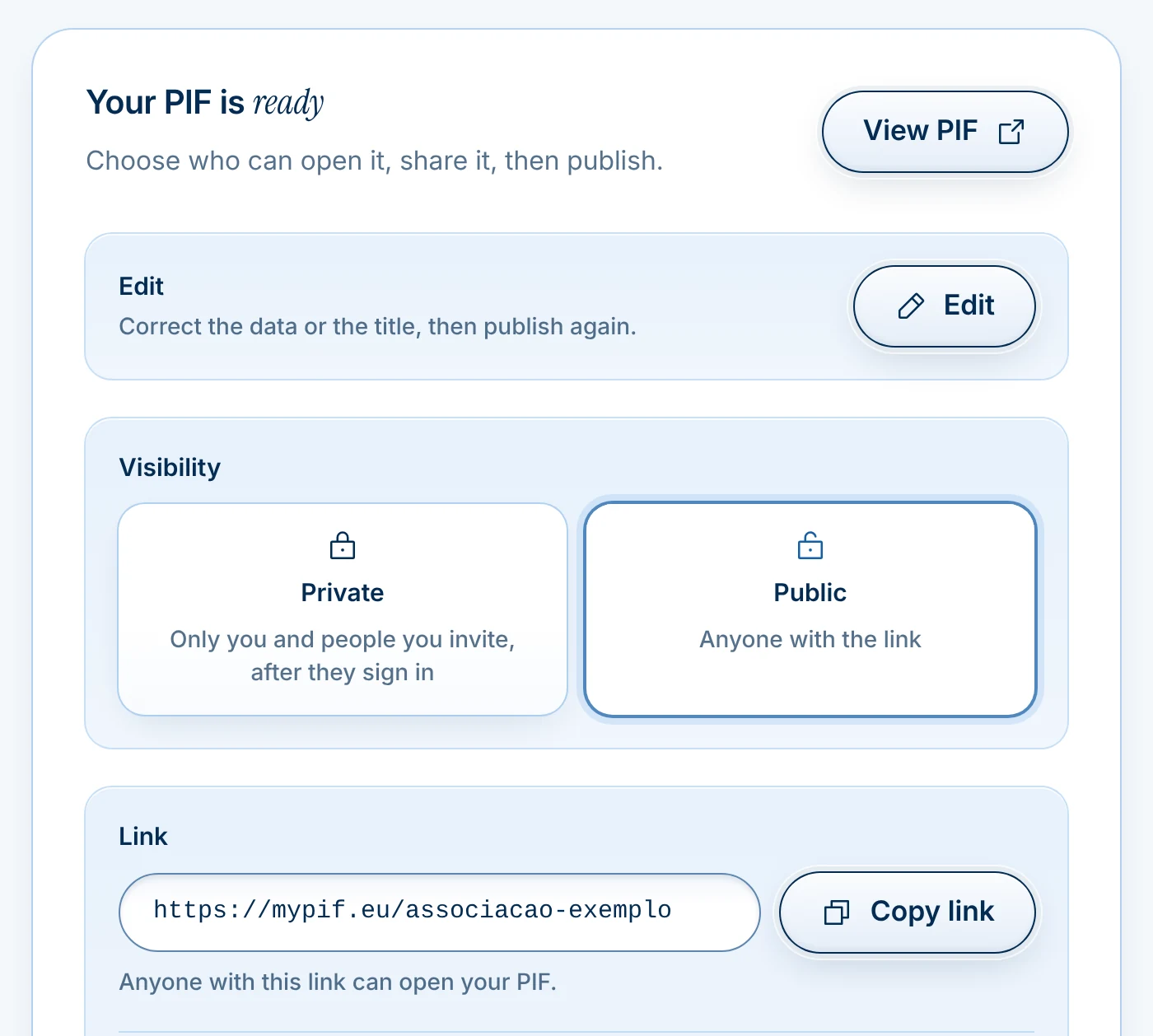 MyPIF share step: edit the data, choose private or public, then copy the link to the PIF