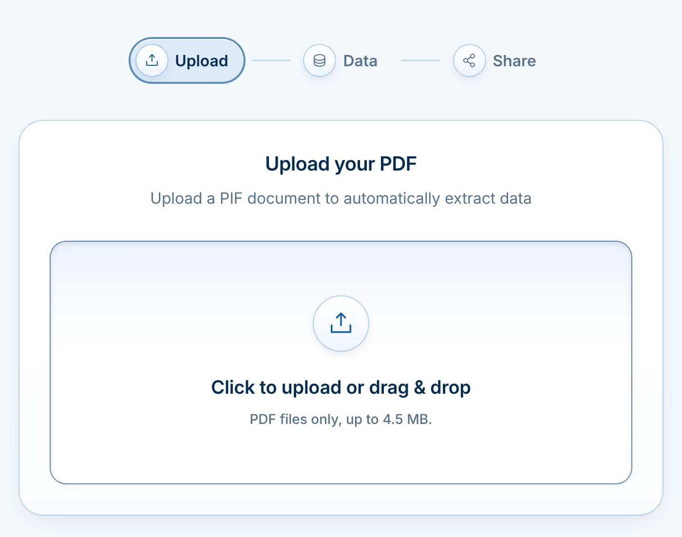 MyPIF upload step: click to upload or drag and drop a PIF as a PDF of up to 4.5 MB